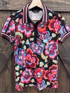 Johnny Was women’s Floral Polo Shirt with Pink & Red Blooms active top